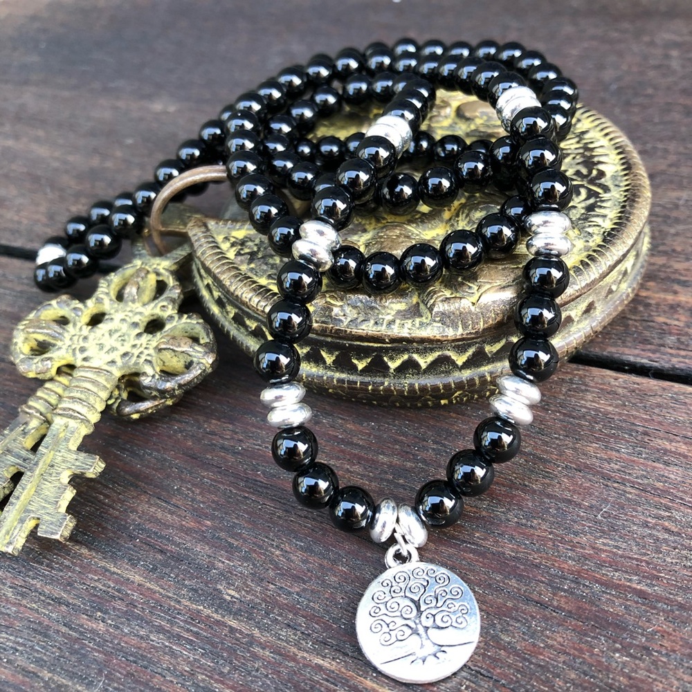 ✨BLACK AGATE STONE MALA NECKLACE W/CHARM 6mm
